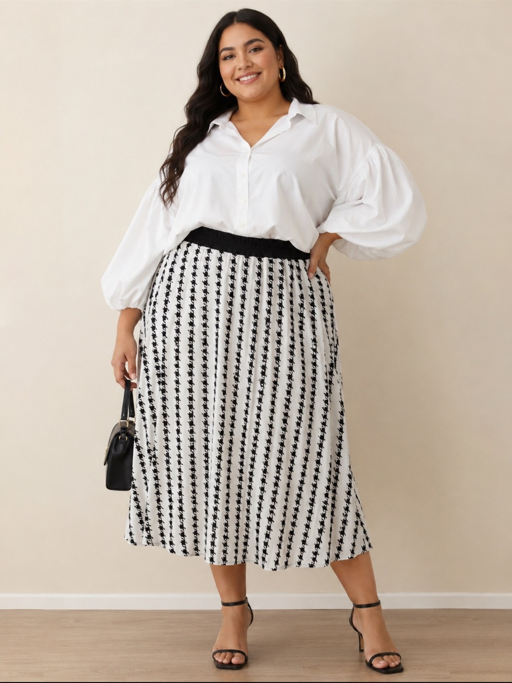 Brand New Ashley Stewart Black & White Houndstooth Pleated Maxi Skirt 34/36